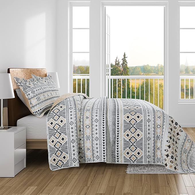 BEDIFANY Boho Quilt King Size Set, Lightweight Bedspread King Size Stripe Boho King Quilt, Quilt Bedding Set for Bed Decoration, All-Season Coverlet Set, 3 Pieces