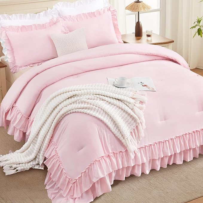 Andency Pink California King Comforter Set, 3 Pieces Lightweight Fluffy Farmhouse Shabby Chic Bedding Comforter Sets, Soft Microfiber All Season Cal King Bed Sets(104x96Inch)