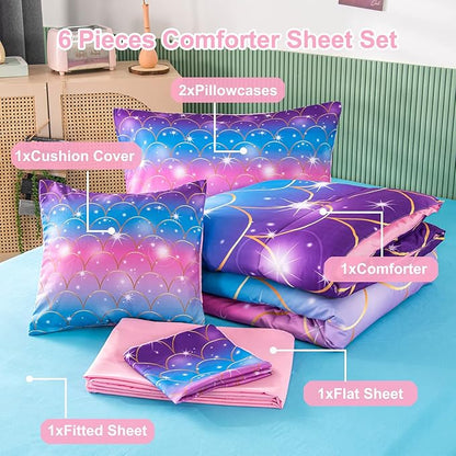 PERFEMET Pink Mermaid Girls Comforter Set Twin Size 6 Pieces Teen Girl Bed in A Bag with Sheets 3D Glitter Rainbow Kids Bedding Sets for Kids Teens (Mermaid Scale, Twin)