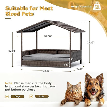 Greesum Wicker Dog House for Small/Medium Dogs, Outdoor Indoor Elevated Dog Shelter Dog Bed with Cushion, for Deck, Patio, Yard, Pool, Black House