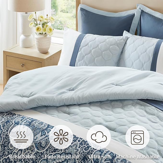 510 DESIGN Luxe Quilted Comforter Set Modern Transitional Design, All Season Down Alternative Warm Bedding Matching Shams, Bedskirt, Decorative Pillow, Queen, Shawnee Scrollwork Blue