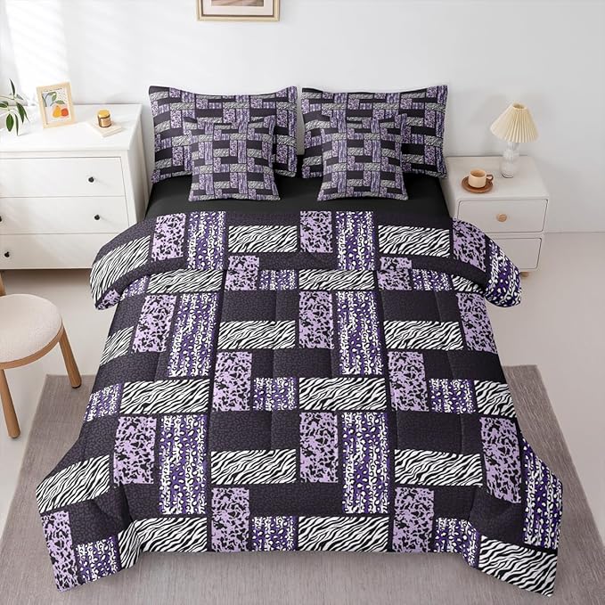 Wildlife Fur Splicing Print Bed Sets in a Bag 7 Pieces,Black Grey Kids Comforter Set Twin,Wild Animal Skin Leopard Bedding Set with 1 Comforter,2 Sheets,2 Pillowcases & 2 Throw Pillow Covers