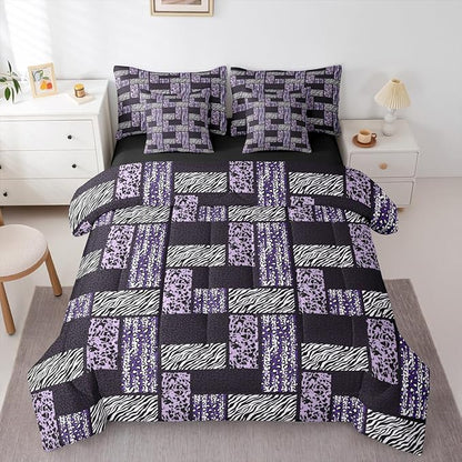 Wildlife Fur Splicing Print Bed Sets in a Bag 7 Pieces,Black Grey Kids Comforter Set Twin,Wild Animal Skin Leopard Bedding Set with 1 Comforter,2 Sheets,2 Pillowcases & 2 Throw Pillow Covers