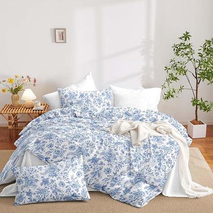 Nayoroom Blue Floral Comforter Set Queen Size Blue and White Botanical Flower Pattern Spring Bedding Set 3 Pieces Soft Lightweight Aesthetic Garden Comforter for All Seasons