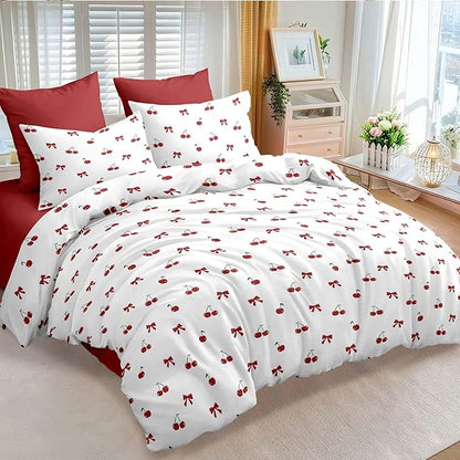Nayoroom Red Cherry Comforter Set Queen Size Cute Bow Comforter 3 Pieces Soft Lightweight Kids Girls Aesthetic Dorm Bedding Set for All Seasons