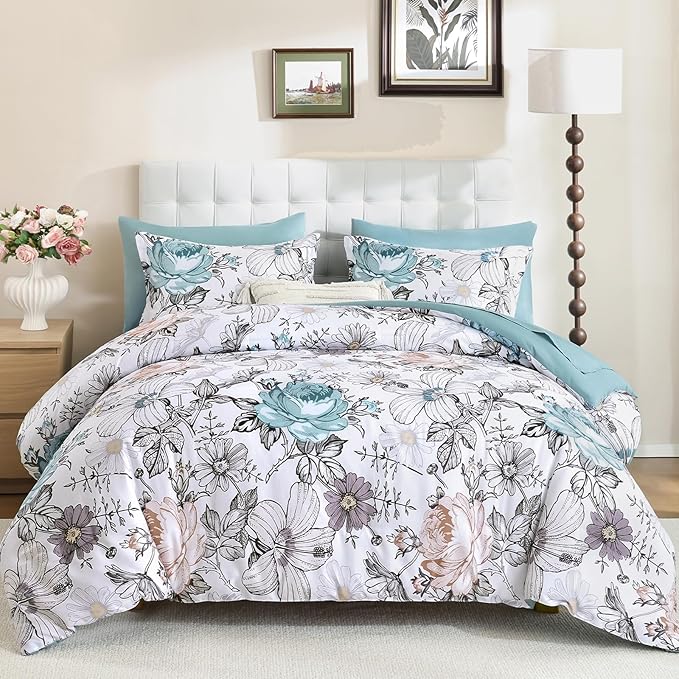 Luxudecor King Comforter Set 7 Pieces Bedding Sets,Teal Blue Floral Comforter and Sheet Set,Soft Microfiber Bed in a Bag for All Seasons (Teal Blue,104"x90")