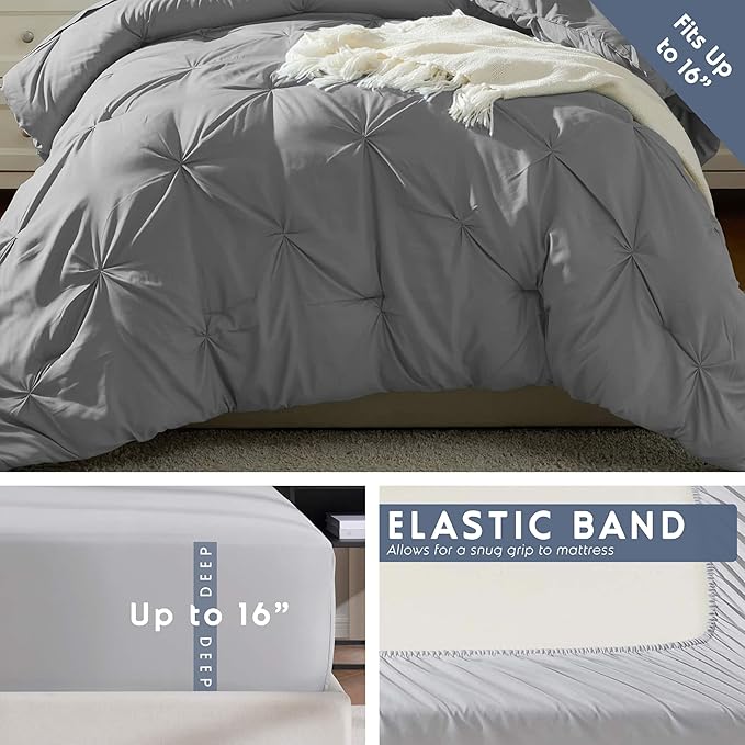 Nestl Twin Comforter Set 5 Piece - Pintuck Twin Bedding Sets Grey, College Dorm Room Essentials for Girls and Boys Bed in a Bag Twin All Season, Twin Comforter Set with Sheets, Pillowcase and Sham