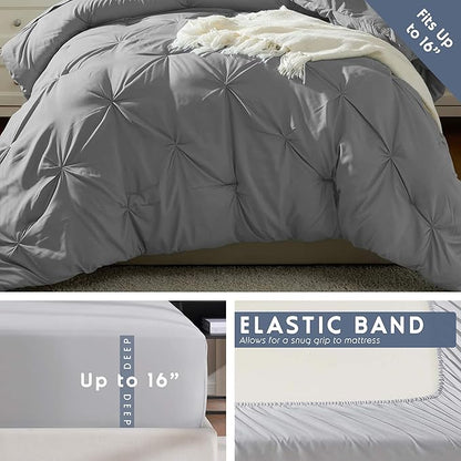 Nestl Twin XL Comforter Set 5 Piece - Pintuck Twin XL Bedding Set Grey, College Dorm Room Essentials Bed in a Bag, Twin XL Comforter Set for College Girls and Boys with Sheets, Pillowcase and Sham