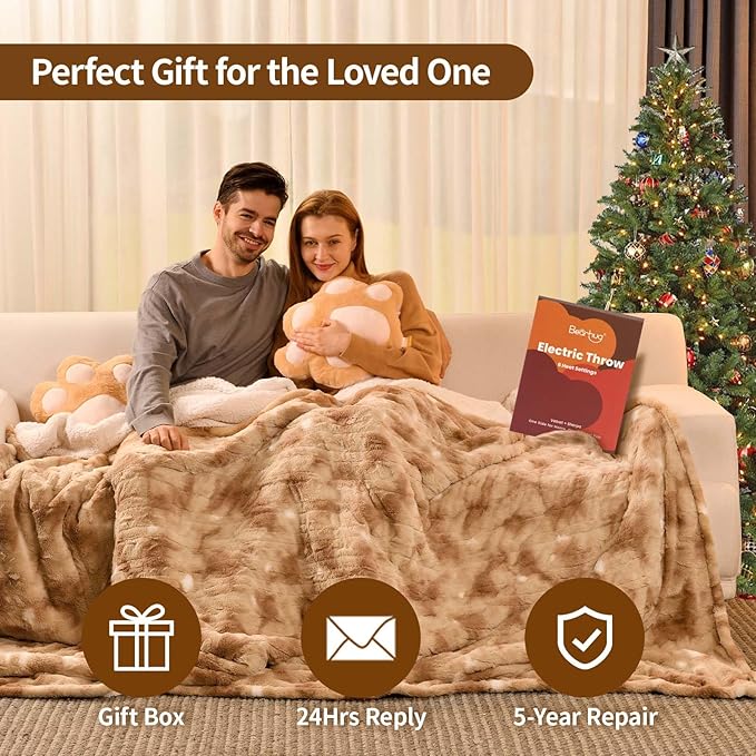 Bearhug Electric Blanket Queen Size 84" x 90", Dual Controller Heated Blanket, Faux Fur & Sherpa, 10-Heat Levels & 1-12H Auto Off, Over-Heat Protect, ETL, Machine Washable