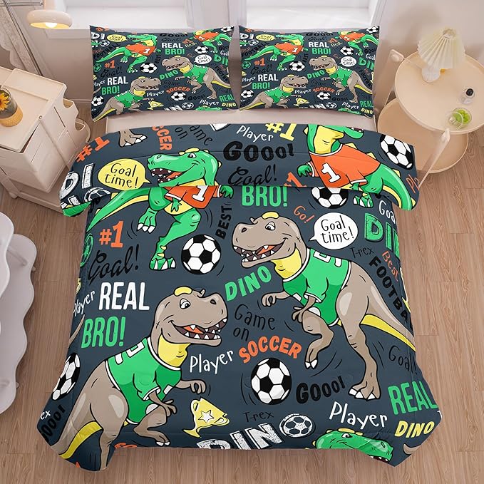 MWMWMW Dinosaur Bedding Sets Twin, 2-Piece Cartoon Dinosaur and Soccer Print Comforter Set for Boys Kids, Twin Size Soft Microfiber Bedding Sets for Boys Kids with 1 Pillowcase and 1 Comforter
