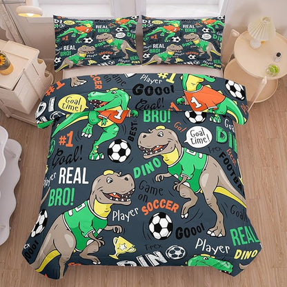 MWMWMW Dinosaur Comforter Set Full for Boys, 3 Pieces Dark Grey Dino and Soccer Theme Bedding Set for Kids, Dinosaur Printed Bedding Sets for Boys Kids Includes 1 Comforter and 2 Pillowcases