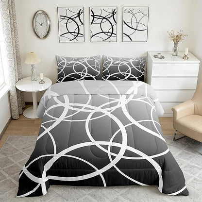 Modern Geometric Circle King Size Comforter Set,Gray Gradient Watercolor Decor All Season Bedding Set for Girls,Teens Abstract Stripes Comforter,Simplicity Art Decor Quilt Set Bedroom Collection 3Pcs