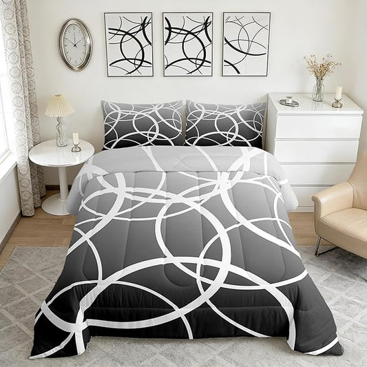 Modern Geometric Circle King Size Comforter Set,Gray Gradient Watercolor Decor All Season Bedding Set for Girls,Teens Abstract Stripes Comforter,Simplicity Art Decor Quilt Set Bedroom Collection 3Pcs