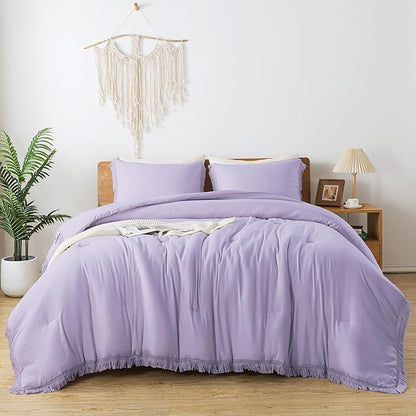 Andency Queen Comforter Set Lavender, Purple 3 Pieces Boho Tassel Lightweight Bedding Comforter Sets, Winter Soft Fluffy Fringe Bed Set (90x90In Comforter & 2 Pillowcases)