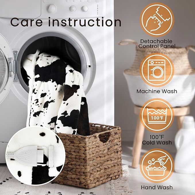 Cow Print Heated Electric Blanket King Size-Dual Control Heating Blanket King Size with 10 Heat Levels & 10 Hours Auto-Off, Cozy Soft Fleece Sherpa, Washable, 90x100 Inches Cow Print White