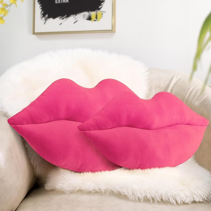 AELS 3D Large Lips Throw Pillows, Set of 2, Soft Decorative Love Pillows, Velvet Cute Pillow for Couch, Sofa, Bed, Living Room, Bedroom, Vivid Pink