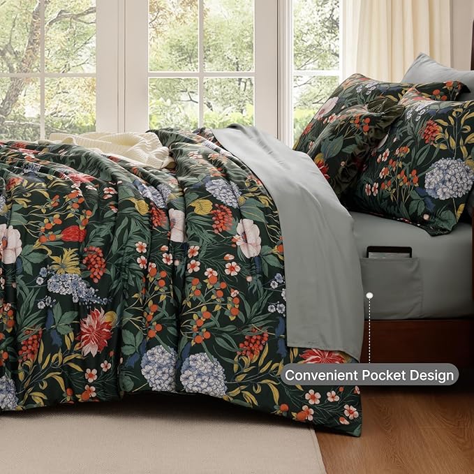 WRENSONGE King Size Comforter Set-7 Pieces Green Botanical Floral Bedding, Flowers Printed Design King Bed in a Bag with Botanical Flowers Comforter, Sheets, Pillowcases & Shams