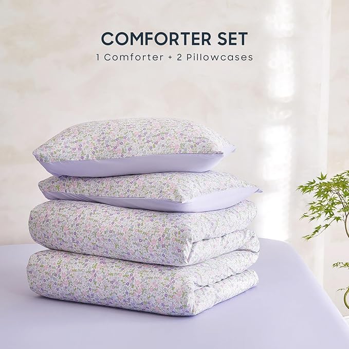 Wake In Cloud - Floral Comforter Set, Cute Vintage Flower Cottagecore Aesthetic for Women Teen Girls, Soft Lightweight Dorm Bedding, 3 Pieces, Lilac, Queen Size