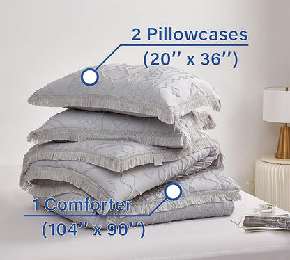 Boho King Size Comforter Set Grey 3 Pieces Tufted Tassel King Comforter Set Prime Lightweight Down Comforter King Size Gray Shabby Chic Boho Bedding Farmhouse Fluffy Comforter Bed Set Gift Choice