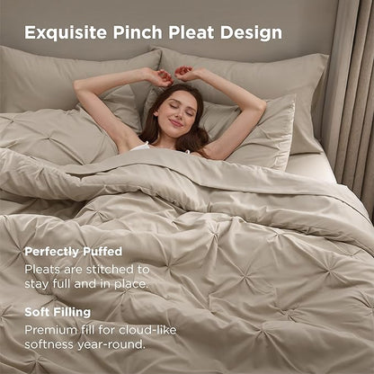 Bedsure Full Comforter Set Beige - Bed in a Bag Full Size Bedding Set 7 Pieces, GentleSoft™ Pintuck Bed Set Gift for Family, Pinch Pleat Beige Comforter with Sheets, Pillowcases & Shams