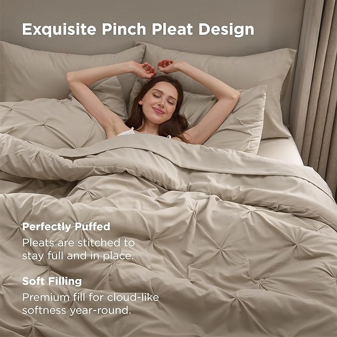 Bedsure Oversized Queen Comforter Set Beige - Bed in a Bag Bedding Set 7 Pieces, GentleSoft™ Pintuck Bed Set Gift for Family, Pinch Pleat All Season Comforter with Sheets, Pillowcases & Shams
