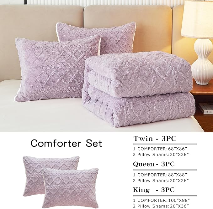 Joyreap 3-Piece Fluffy Faux Fur Sherpa Comforter Set Purple, Queen Size Luxury Tufted Bedding Comforter Set, All Season Soft n Cozy Plush Comforter Bed Set- 88x88 inches