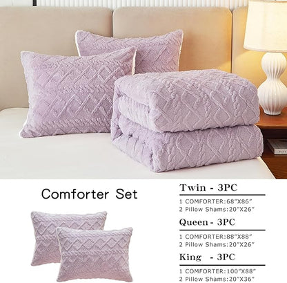 Joyreap 3-Piece Fluffy Faux Fur Sherpa Comforter Set Purple, Queen Size Luxury Tufted Bedding Comforter Set, All Season Soft n Cozy Plush Comforter Bed Set- 88x88 inches