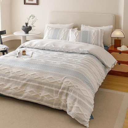 KAREVER Ivory Blue Boho Comforter Set Queen Mixed Textures Jacquard Bedding Set Durable Chic and Stylish Bedroom Set