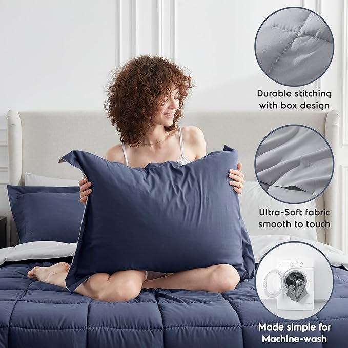 Nestl 7 Piece California King Comforter Set – Navy Reversible Bed in a Bag – Complete Cal King Size Bedding Set with Sheets, Pillowcases and Shams