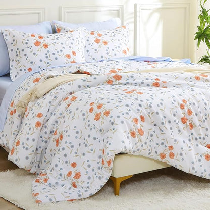 MUXHOMO Orange Blossom Bed in a Bag Queen 7 Pieces, Queen Comforter Set Reversible Botanical Flowers Design, Ultra Soft & Breathable Bedding Sets with Comforter, Sheets, Pillowcases & Shams