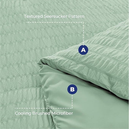 HYMOKEGE Sage Green Twin Comforter Set Seersucker 5 Pieces, All Season Luxury Bed in a Bag for Bedroom, Bedding Set with Comforters, Sheets, Pillowcase & Sham