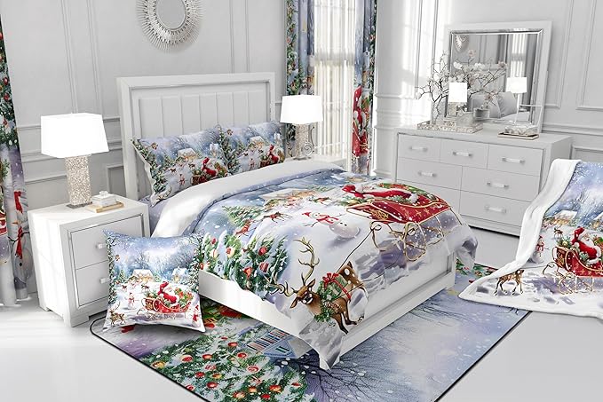 Merry Christmas Kids Bedding Set Twin Size,Santa Claus and Elk Sledge Comforter Set 2Pcs,Cute Snowman Xmas Tree Quilt Set Girls Boys Room Decor,Rustic Cabin Winter Duvet Insert,1 Pillowcase