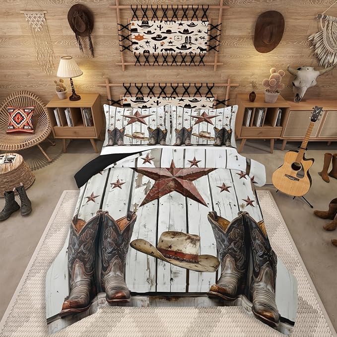Erosebridal Western Texas Star Comforter Set, Rustic Farmhouse Bedding Set Twin Size, Retro Cowboy Horseshoe Quilt for Kids Teens Adult Men Bedroom, Country Wooden Door Bedding Comforter Sets