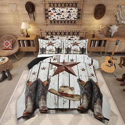 Erosebridal Western Texas Star Comforter Set, Rustic Farmhouse Bedding Set Twin Size, Retro Cowboy Horseshoe Quilt for Kids Teens Adult Men Bedroom, Country Wooden Door Bedding Comforter Sets
