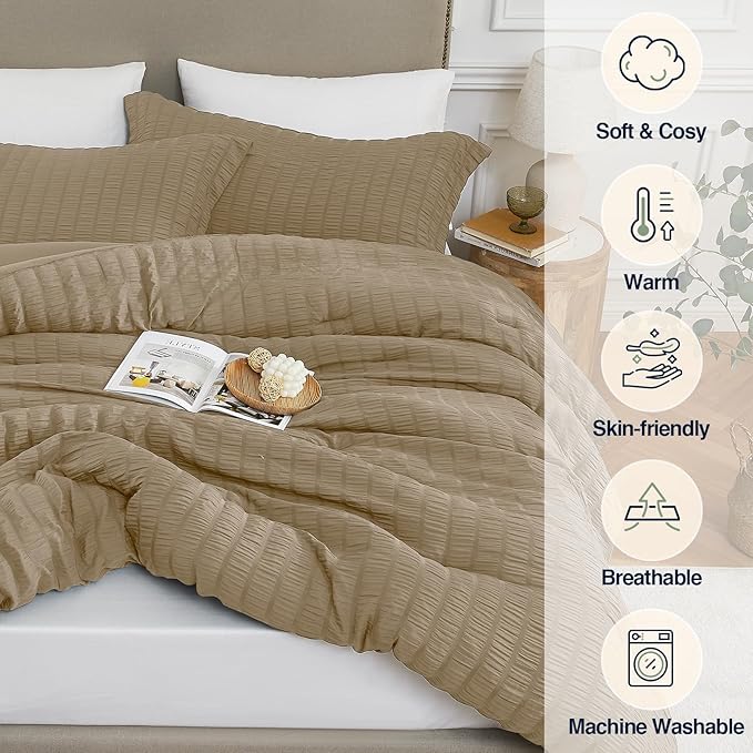 Brown King Comforter Set - 3 Pieces Seersucker Lightweight Bedding Comforter Sets (1 Soft Fluffy Comforter & 2 Pillowcases) - All Seasons Cozy Modern Bed Sets