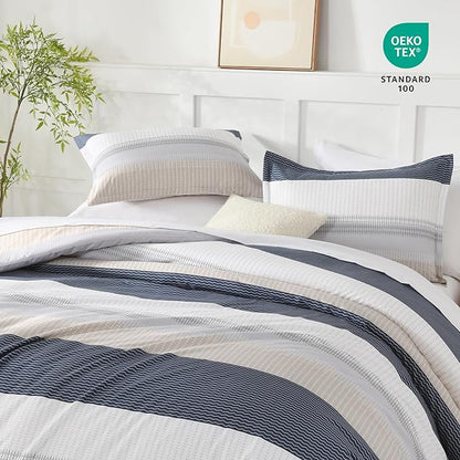 Andency Full Size Comforter Set Yellow Blue - 7 Pieces Blue Striped Lightweight Bed in a Bag, Soft Microfiber Reversible Bedding Set with Comforter, Fitted & Flat Sheet, Pillowcases & Shams