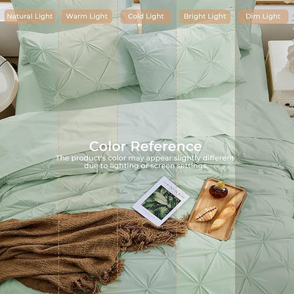 Sasttie Queen Comforter Set, 7-Piece Bed in a Bag, Pintuck Bedding Set for All Season, Includes Comforter, Flat Sheet, Fitted Sheet, Pillowcases and Pillowshams, Sage