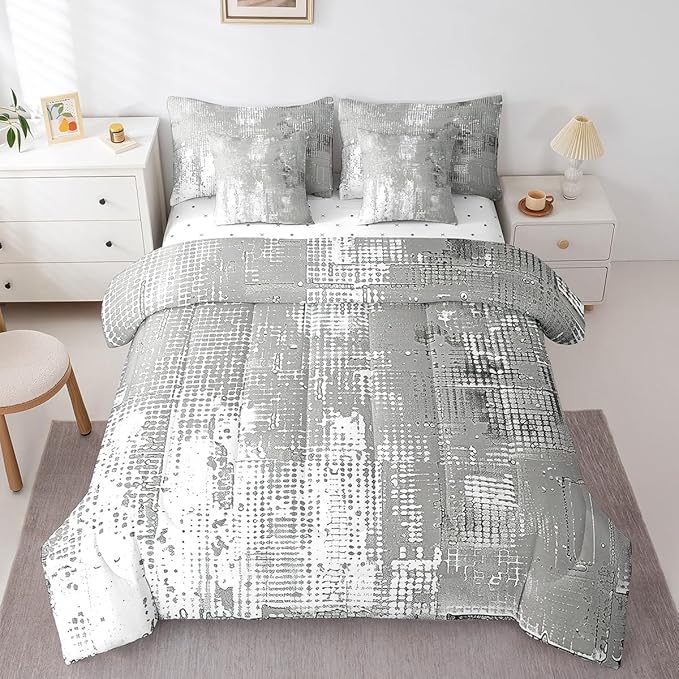 Erosebridal Grey Graffiti Bedding Comforter Sets 7-Piece Vintage Grunge Bedding Set, Abstract Artwork King Size Comforter Set with Flat Sheet, Fitted Sheet, Pillowcases and Throw Pillow Covers