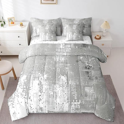 Erosebridal Grey Graffiti Bedding Comforter Sets 7-Piece Vintage Grunge Bedding Set, Abstract Artwork Twin Size Comforter Set with Flat Sheet, Fitted Sheet, Pillowcases and Throw Pillow Covers