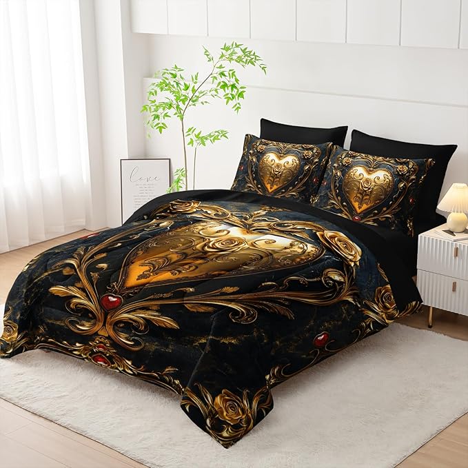 Black and Gold Heart Comforter Set Queen Size Bed 7 Piece，Heart Bedding Set Queen Black，Heart Themed Bedroom Decor，(1 Comforter, 1 Flat Sheet, 1 Fitted Sheet, 2 Pillowcase and 2 Pillow Sham)