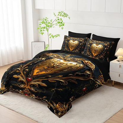 King Size Heart Comforter Set, 7 Piece (1 Comforter, 1 Flat Sheet, 1 Fitted Sheet, 2 Pillowcase and 2 Pillow Sham)