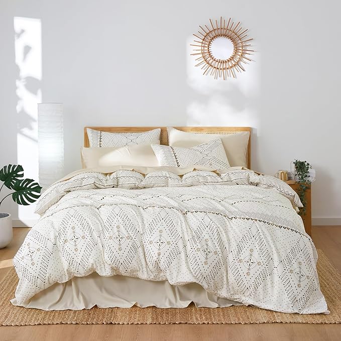 Wake In Cloud - Boho Comforter Set, Farmhouse Bohemian Western Aztec Neutral Aesthetic, Soft Lightweight Bedding, 3 Pieces, Beige, King Size