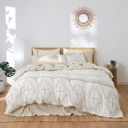 Wake In Cloud - Boho Comforter Set, Farmhouse Bohemian Western Aztec Neutral Aesthetic, Soft Lightweight Bedding, 3 Pieces, Beige, King Size