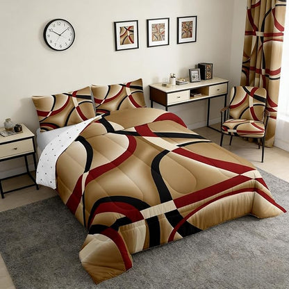 Black Red Brown Abstract Stripes Full Size Comforter Set Geometric Circle Bedding Set for Kids Adults Teens Modern Retro Comforter Luxury Geometric Quilt Set Room Decor 3Pcs