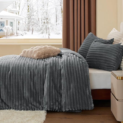 BEDELITE Fleece King Comforter Set -Super Soft & Warm Fluffy Grey Bedding, Luxury Fuzzy Heavy Bed Set for Winter with 2 Pillow Cases