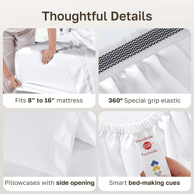California Design Den White Queen Sheet Set Deep Pocket - 1000 Thread Count Sateen, Thick and Natural 100% Cotton Bedsheets, Durable Bedding Set - White