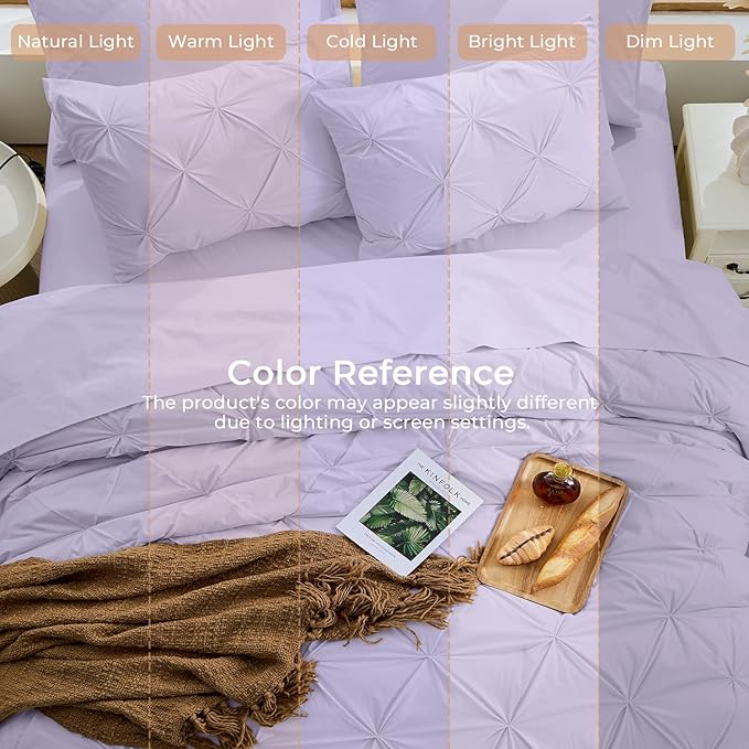 Sasttie Twin Comforter Set, 5-Piece Bed in a Bag, Pintuck Bedding Set for All Season, Includes Comforter, Flat Sheet, Fitted Sheet, Pillowcase and Pillowsham, Lavender