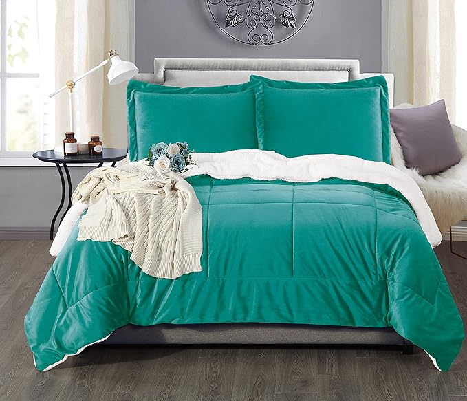 Elegant Comfort Super Soft Sherpa Comforter 3-Piece Set Premium Quality, Heavy Weight Reversible Down Alternative Micro-Suede, Sherpa Comforter, Full, Tropical Teal