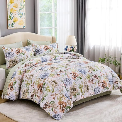 Luxudecor Floral Comforter Set King Size 7 Pieces Bed in a Bag, Green Flower Watercolor Bed Set, Soft Comforter with Sheet Set 104"x90"