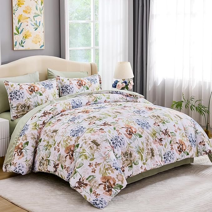 Luxudecor Floral Comforter Set Queen Size 7 Pieces Bed in a Bag, Green Flower Watercolor Bed Set, Soft Comforter with Sheet Set 90"x90"